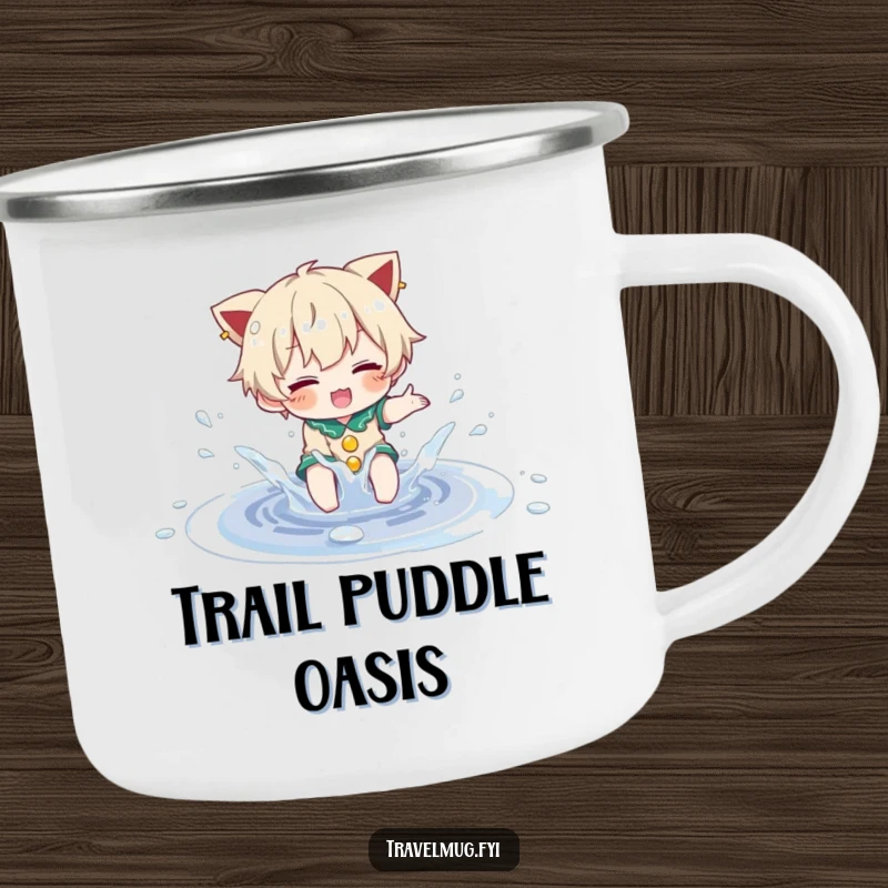 Funny Camping Mug: A character is playfully splashing in a small, sparkling puddle, perfect for outdoor fun scenarios.