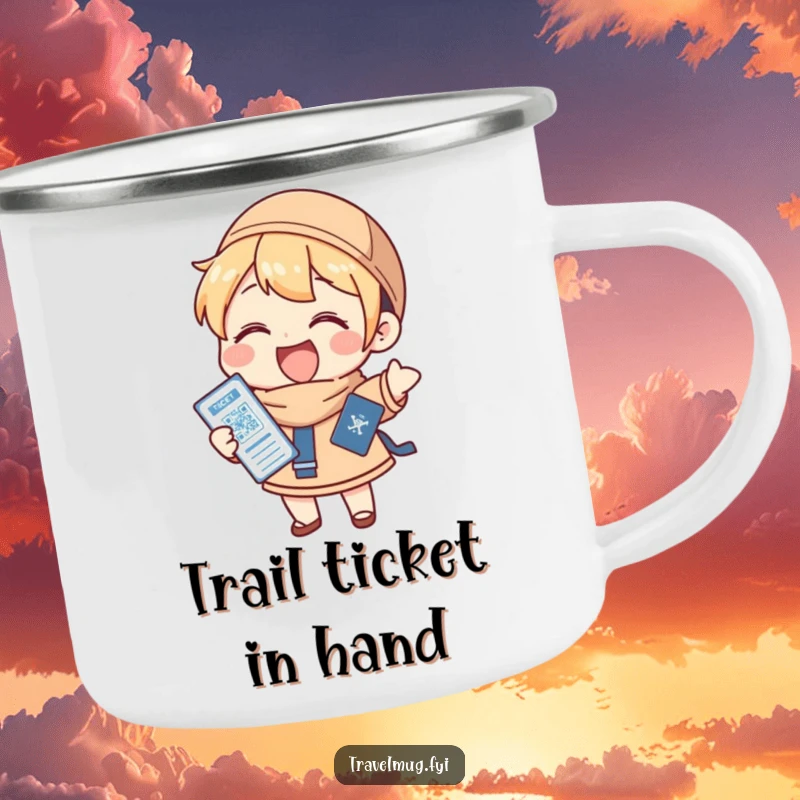 Funny Camping Mug: A character gleefully holding a passport and ticket, perfect for enjoying the outdoors and planning trips.