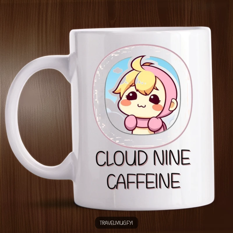 Funny Mug showing a cute kawaii character making a funny, exaggerated face while looking out an airplane window, enjoying the flight.