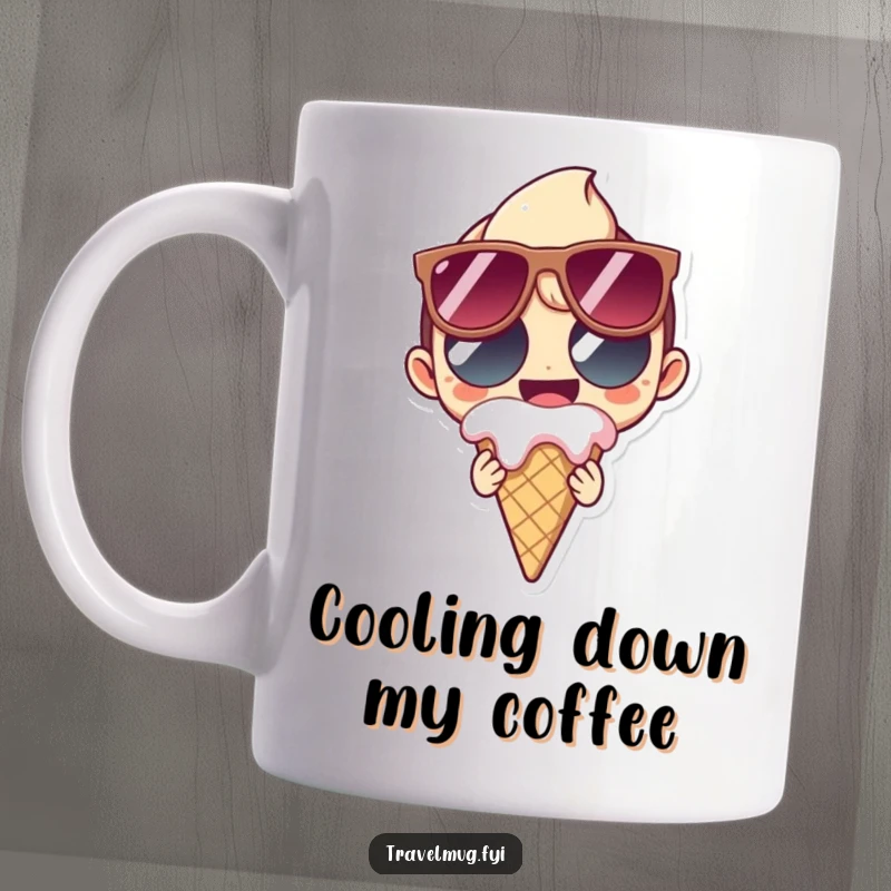 Funny Mug of a character in oversized sunglasses grinning wildly while holding a dripping, melting ice cream cone, embracing summer chaos.