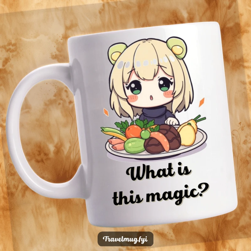 Funny Mug: Character looking surprised and slightly bewildered at a plate of unusual, exotic food, embodying culinary curiosity.