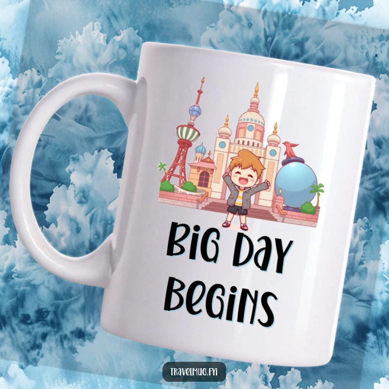 Funny mug showing a character joyfully posing proudly before a landmark constructed entirely of oversized everyday objects.