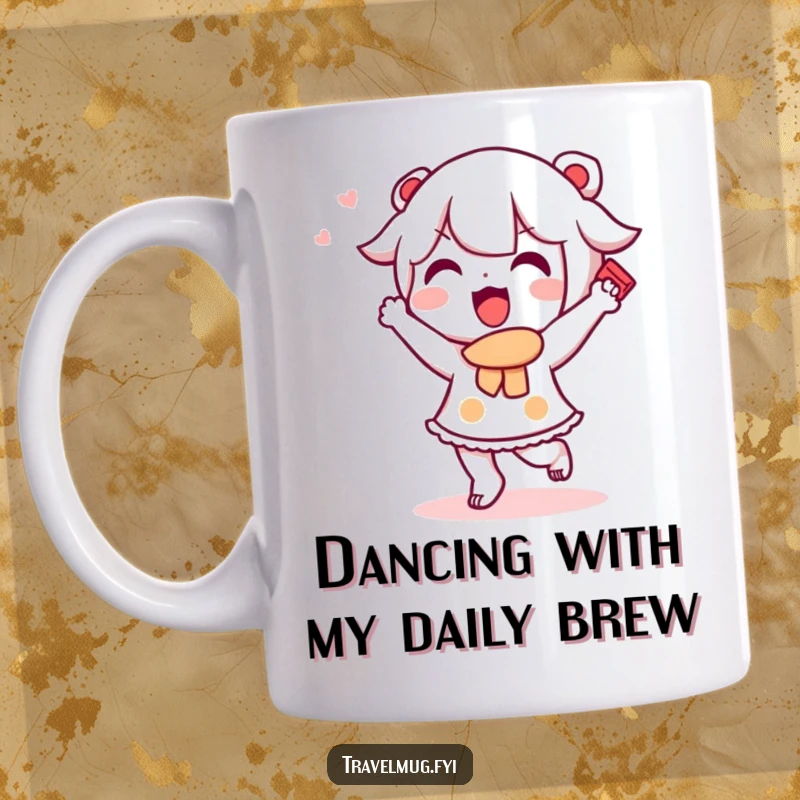 Funny Kawaii character mug showing a cute character doing a happy dance while holding a souvenir, celebrating a travel find.