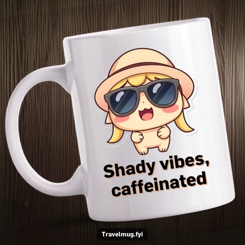 Funny Kawaii Mug, a happy character wearing sunglasses and a hat, embodying thrill and cool confidence.
