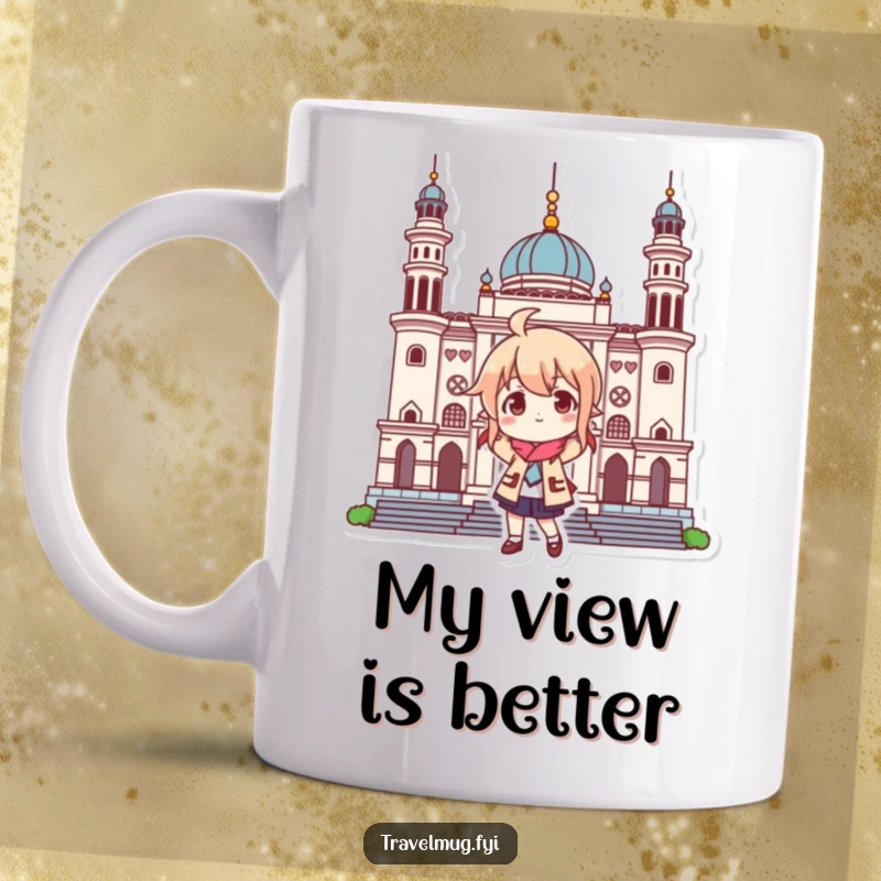 Funny mug with a playful character posing confidently before a famous landmark, embodying the joy of travel and adventure.