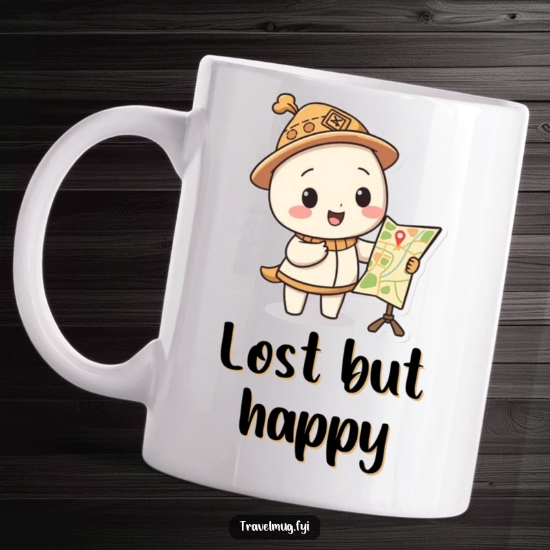 Funny mug shows a character in a silly hat pointing at a funny map, embodying playful exploration and adventure.