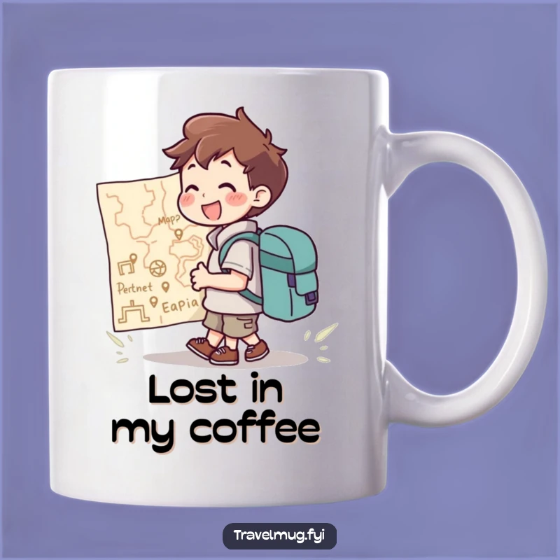 Funny Map Mug: Character With Backpack Joyfully Views Giant Map, Perfect Funny Gift!