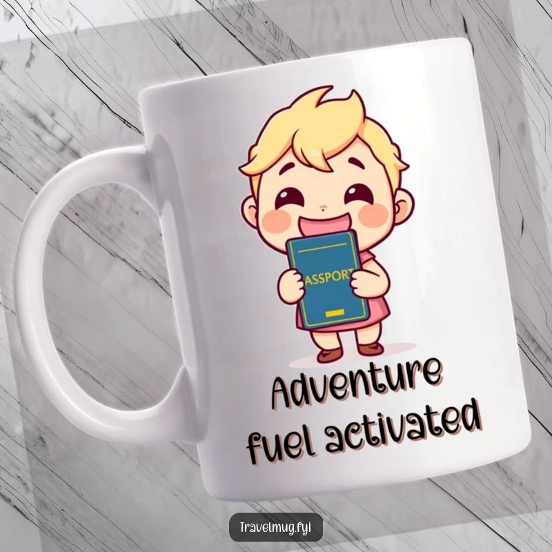Funny Mug with a cheerful kawaii character beaming with a huge grin while proudly holding up their passport, ready for adventure.
