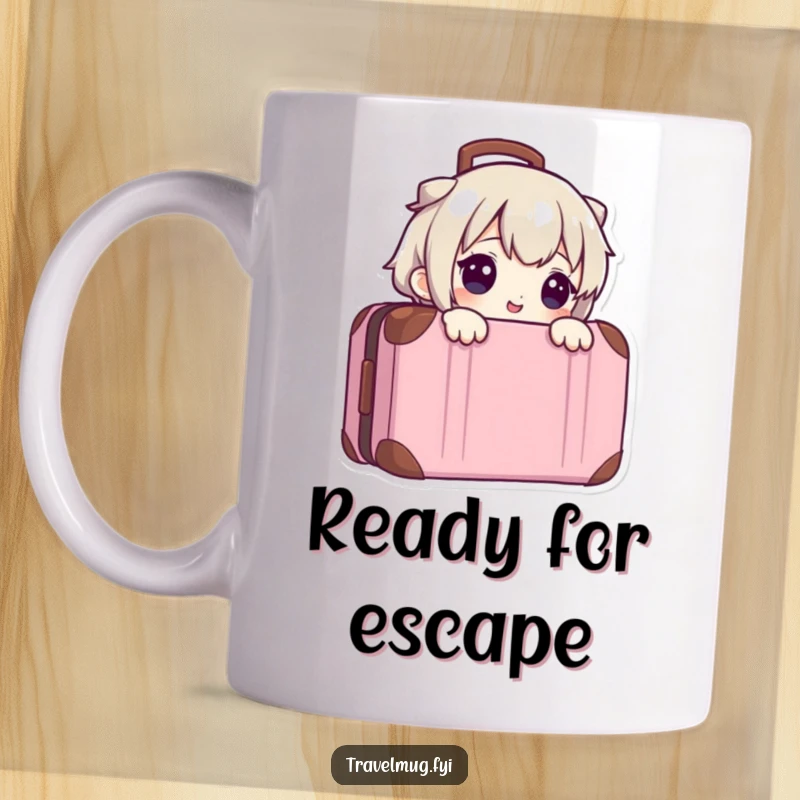 Funny mug with a cute character mischievously peeking over a vintage suitcase, hinting at travel and adventure.