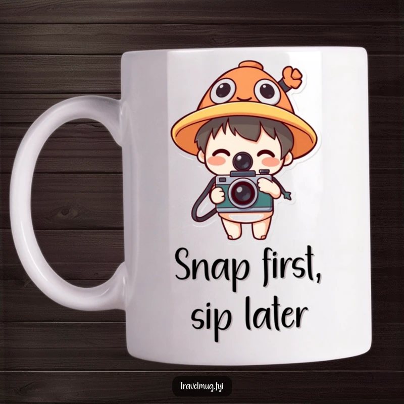 Funny mug with a character wearing a quirky hat and holding a camera, ready to capture life's funny moments.