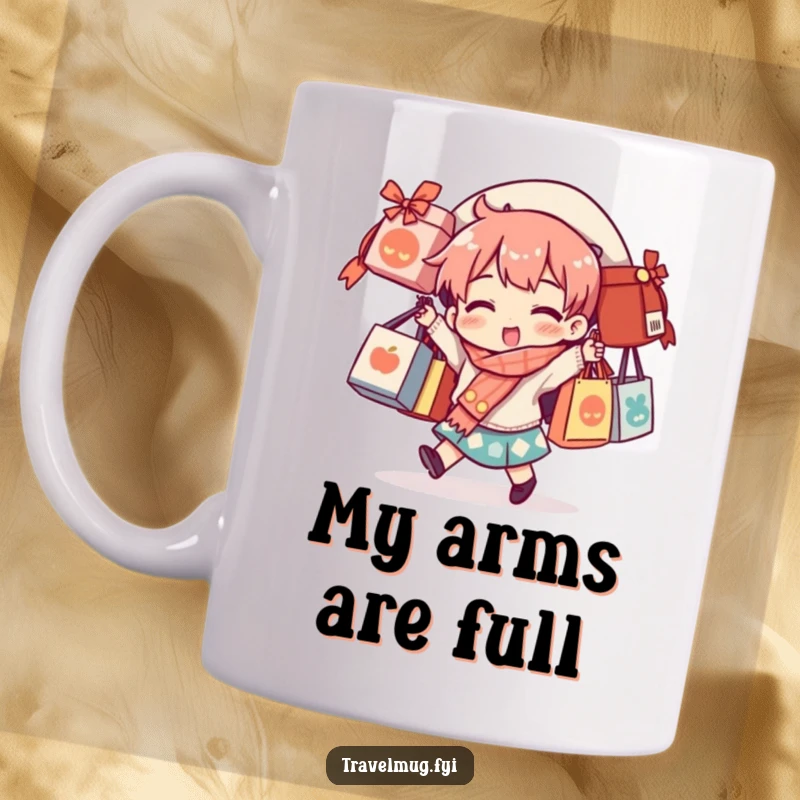 Funny mug design showing a character struggling to balance many souvenir bags, capturing the essence of post-shopping vacation chaos.