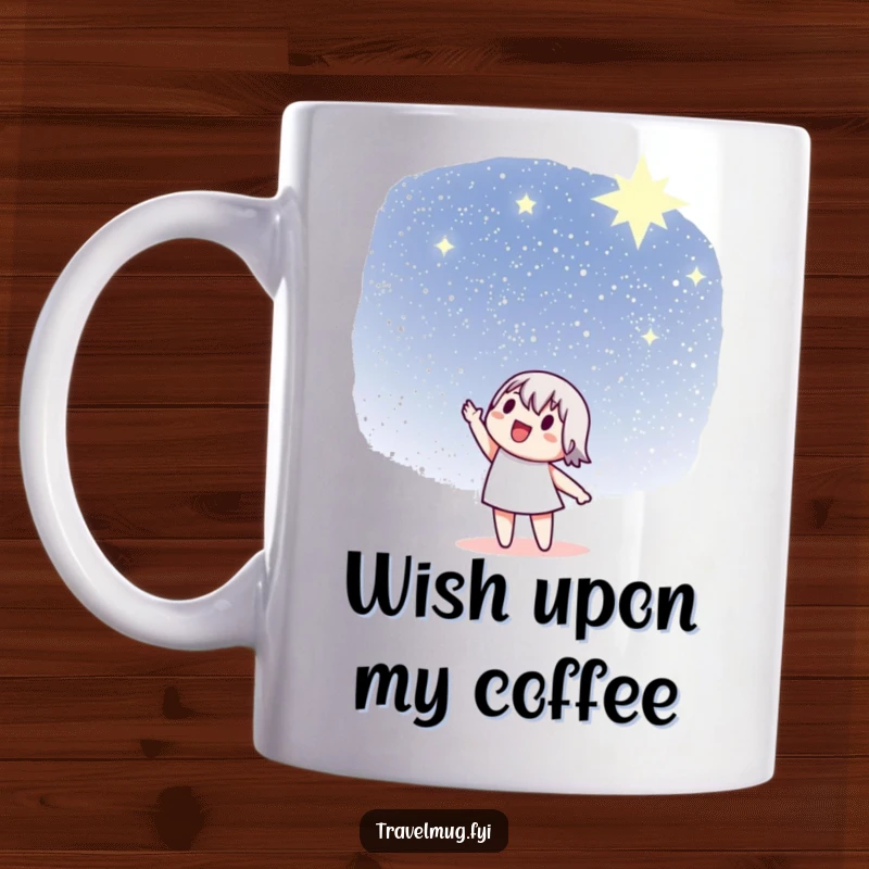 Funny Mug: A character excitedly points towards a vast, distant sky filled with countless sparkling stars.