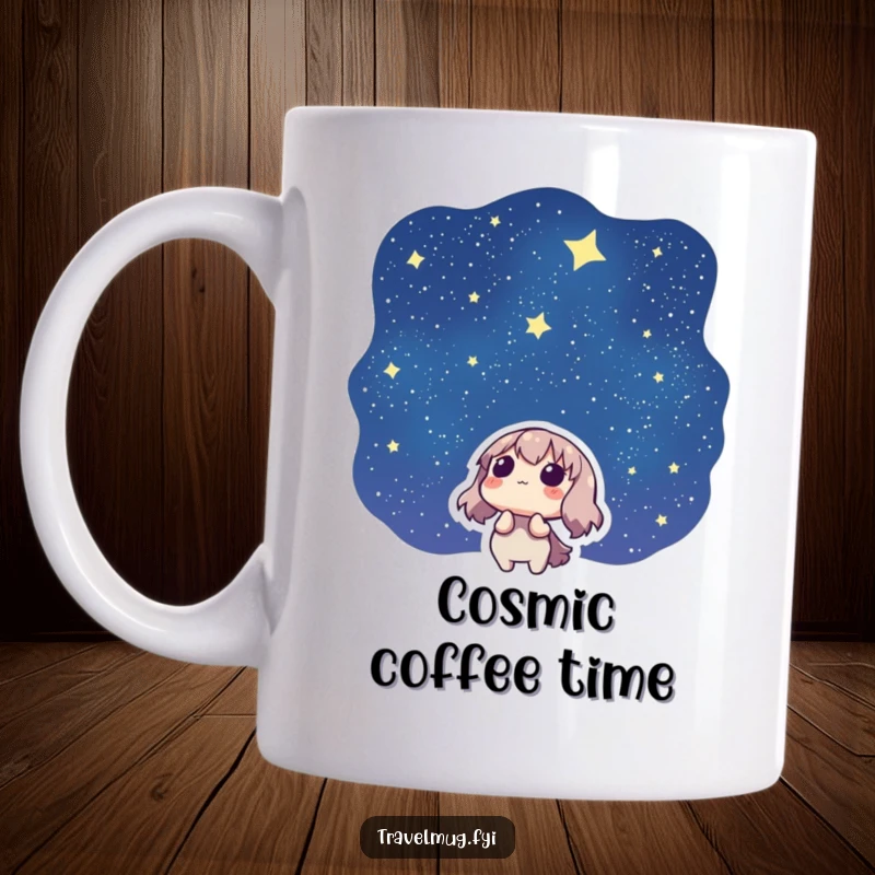 Funny mug with a character gazing upwards at a vast, starry night sky with an expression of pure wonder.