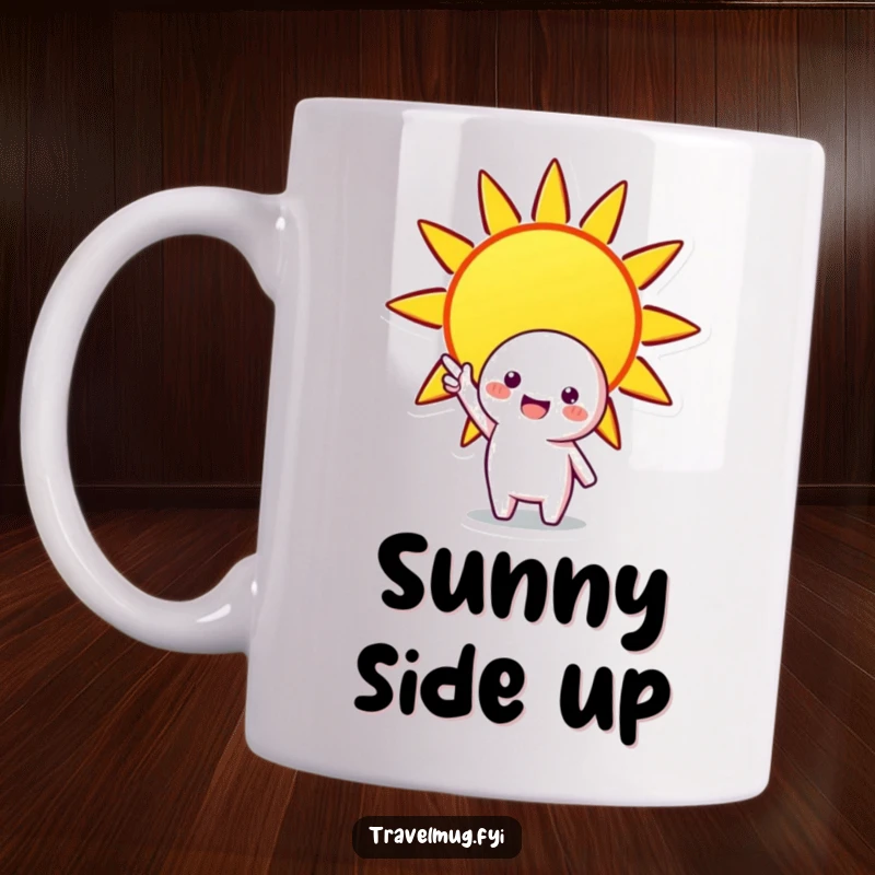 Funny mug with a cheerful character pointing towards a bright, stylized sun, exuding happiness and a positive vibe.