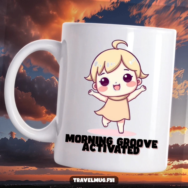 Funny mug illustration of a cute character performing a joyful, happy dance move, radiating infectious cheerfulness.