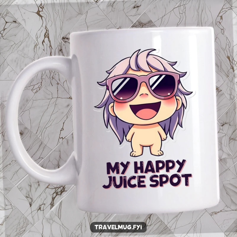 Funny mug with a character wearing oversized sunglasses and a wide, happy grin, exuding cool and cheerful vibes.