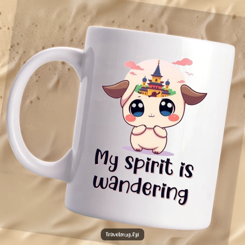Funny mug with a kawaii character having wide eyes, looking with awe at a vibrant, distant landmark, inspiring wanderlust and travel.