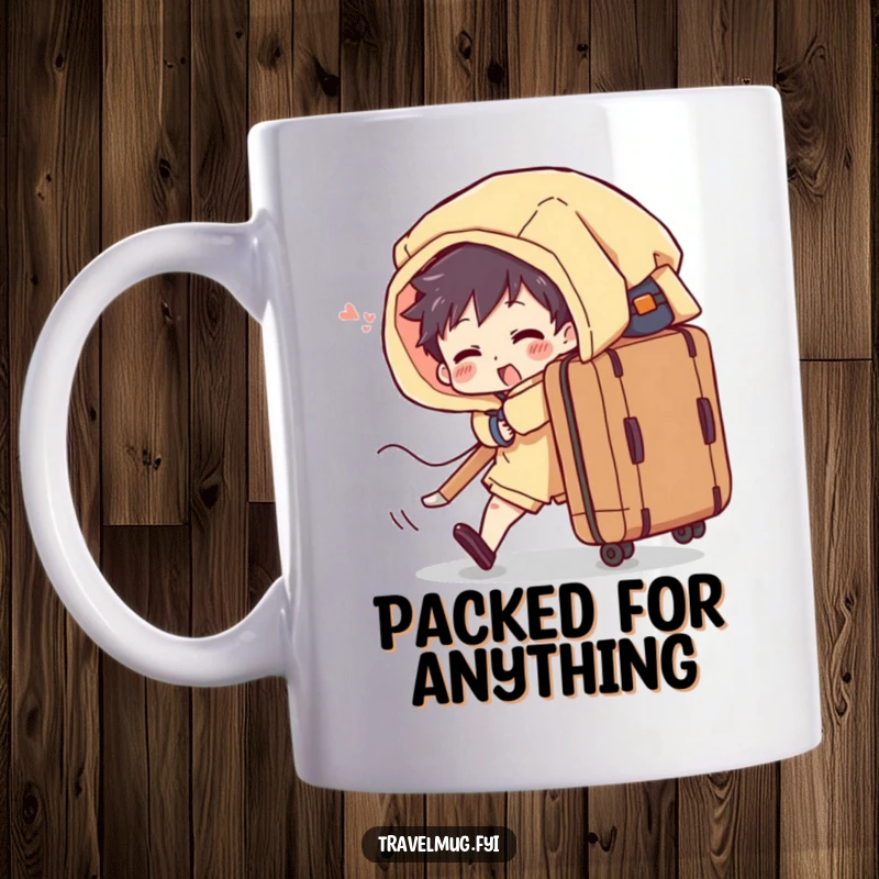 Funny mug shows a character comically struggling with an overflowing suitcase, capturing the humor of travel packing.