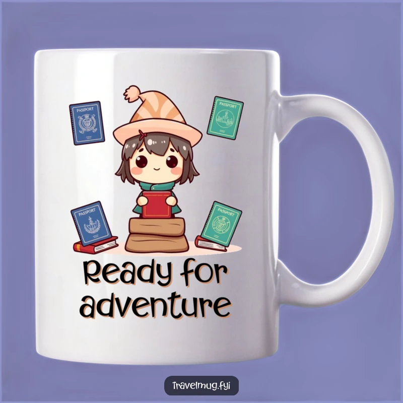 Funny Travel Mug: Character with passports, a perfect funny gift for globetrotters.