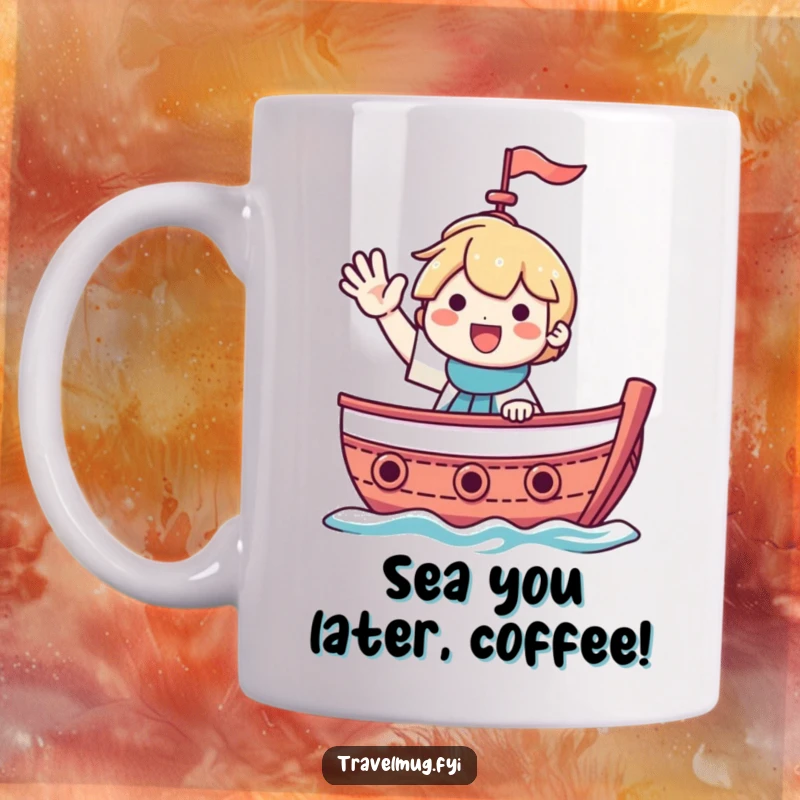 Funny mug design showing a character with a big smile waving from a boat, embodying nautical joy.