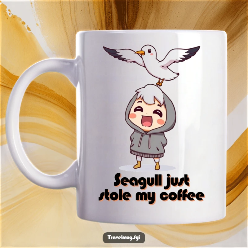 Funny character comically surprised by a flying, smiling seagull, a hilarious mug for beach and bird lovers.