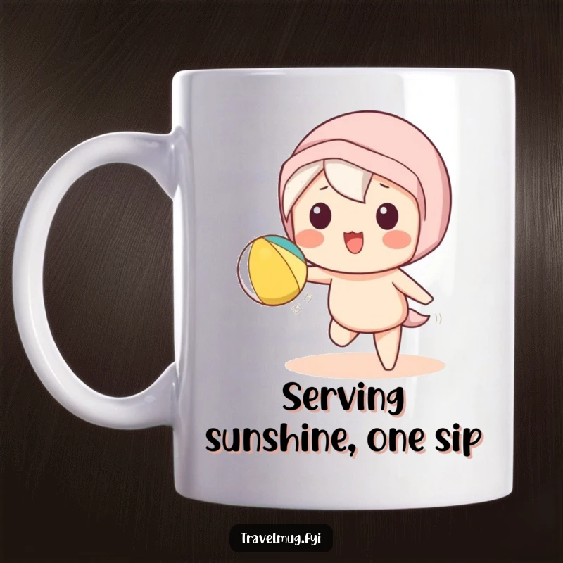Funny Kawaii character mug showing a cute character playfully tossing a beach ball, celebrating summer and fun.