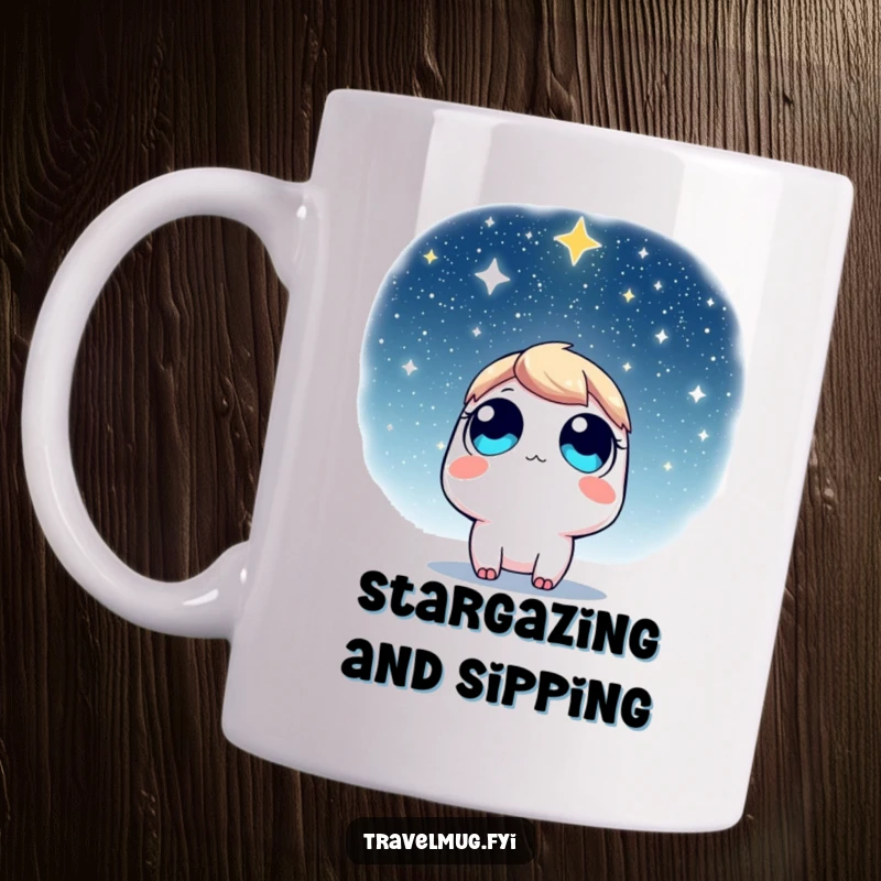 Funny Mug: A character with wide eyes looking up at a star-filled sky, filled with awe and wonder, perfect for stargazers.