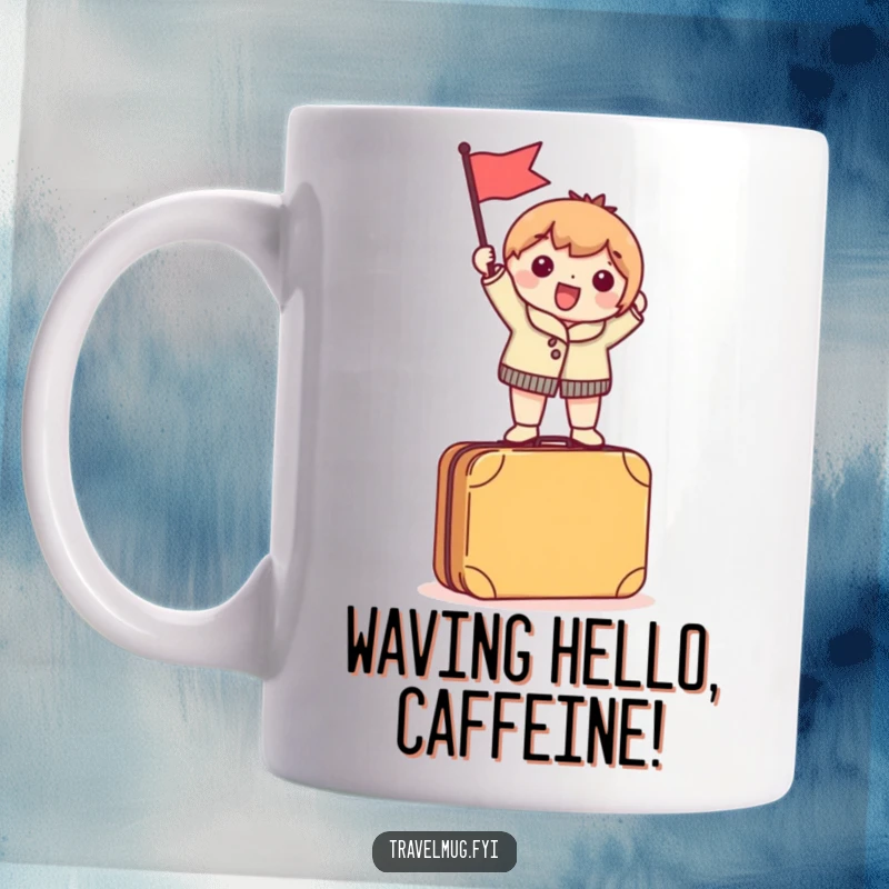 Funny Mug of a character excitedly waving a tiny flag while standing triumphantly on top of a packed suitcase, ready for adventure.