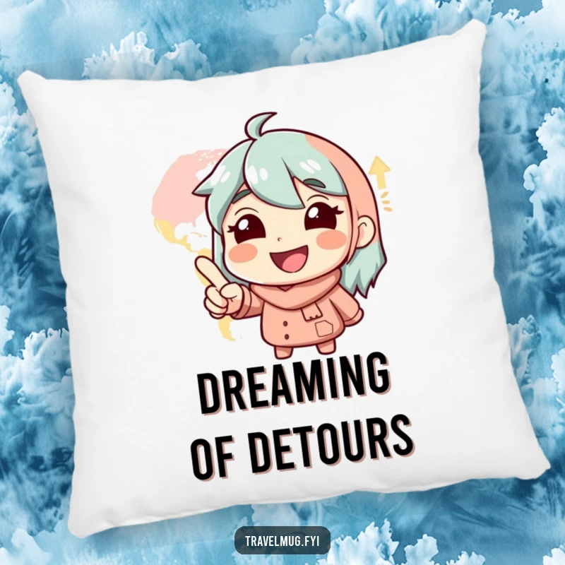 Funny Pillow: A smiling character points at a map with glee, evoking a sense of adventure and fun.