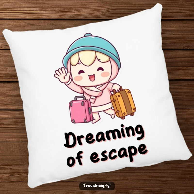 Funny Pillow with a kawaii character waving goodbye cheerfully while holding a suitcase, bringing comfort and travel-themed humor.