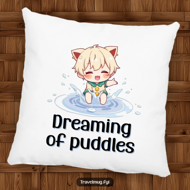 Funny Pillow: A character joyfully splashing in a small, sparkling puddle, perfect for adding fun to any room.