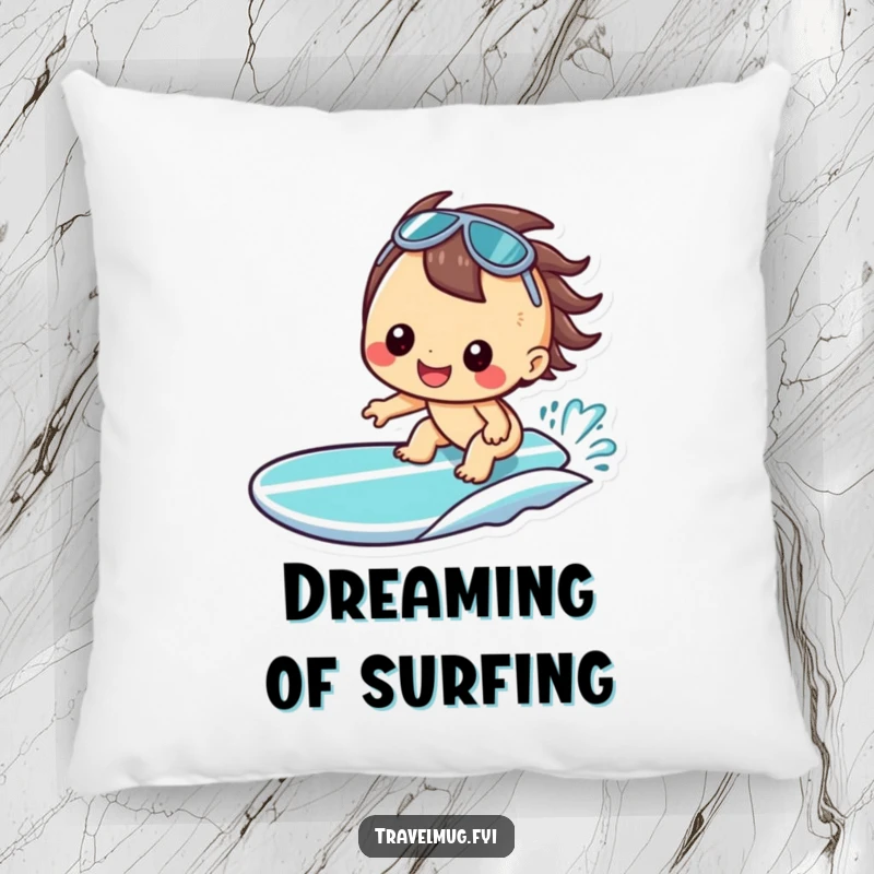 Funny Kawaii Pillow, a cheerful character grinning on a surfboard, adding beachy humor to any space.