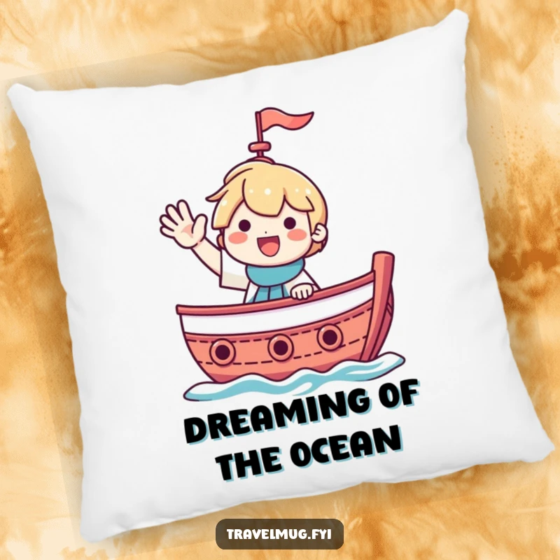 Funny pillow with a smiling character waving from a boat, adding nautical charm and humor to any room.