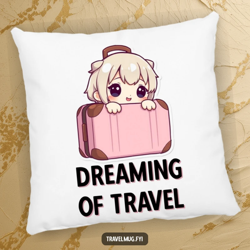 Funny pillow featuring a cute character peeking from a suitcase, bringing travel-themed comfort and humor to any room.