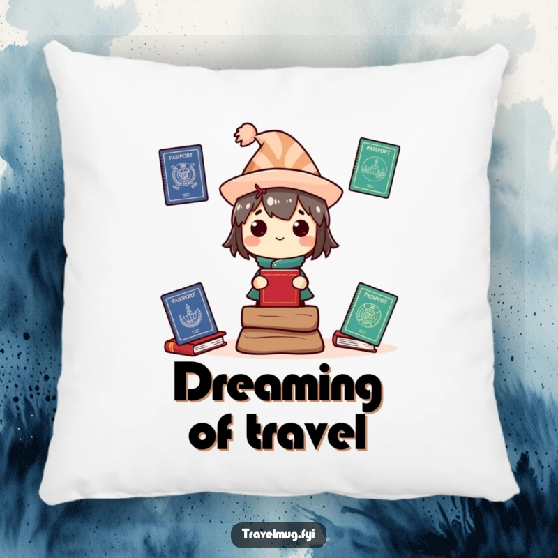 Funny Pillow: A character wearing a silly hat balances multiple passports, perfect for travel-themed comfort.