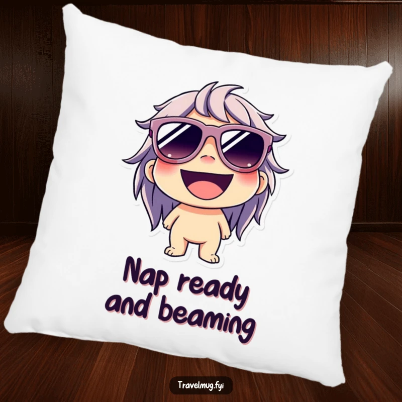 Funny pillow showing a character wearing oversized sunglasses and a wide grin, offering cool comfort and happy vibes.