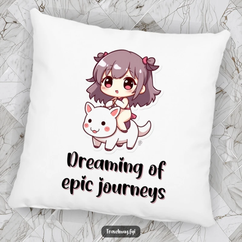 Funny decorative pillow featuring a cute character happily riding a small, playful creature, adding comfort and humor to any room.
