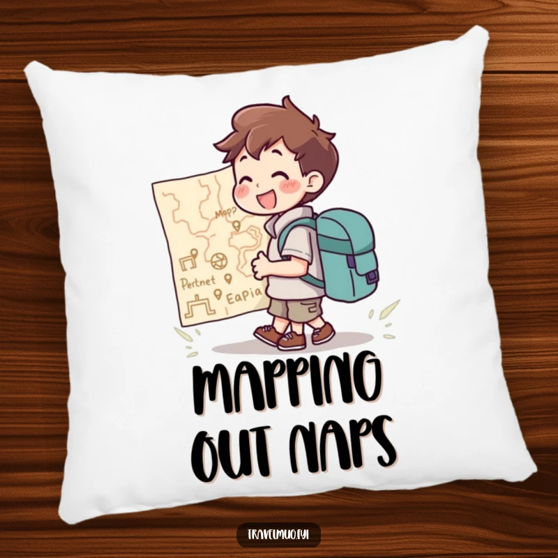 Funny Pillow: A character with a backpack joyfully looking at a giant map, perfect for adding travel-themed comfort.