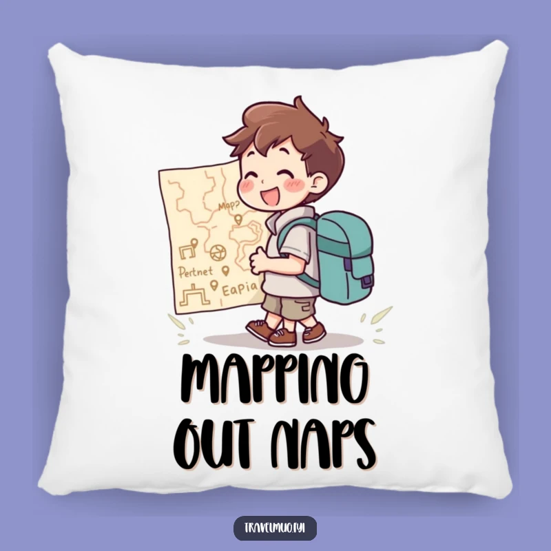 Funny Pillow: Backpack Character Joyfully Studies Giant Map, Comfy Funny Gift!