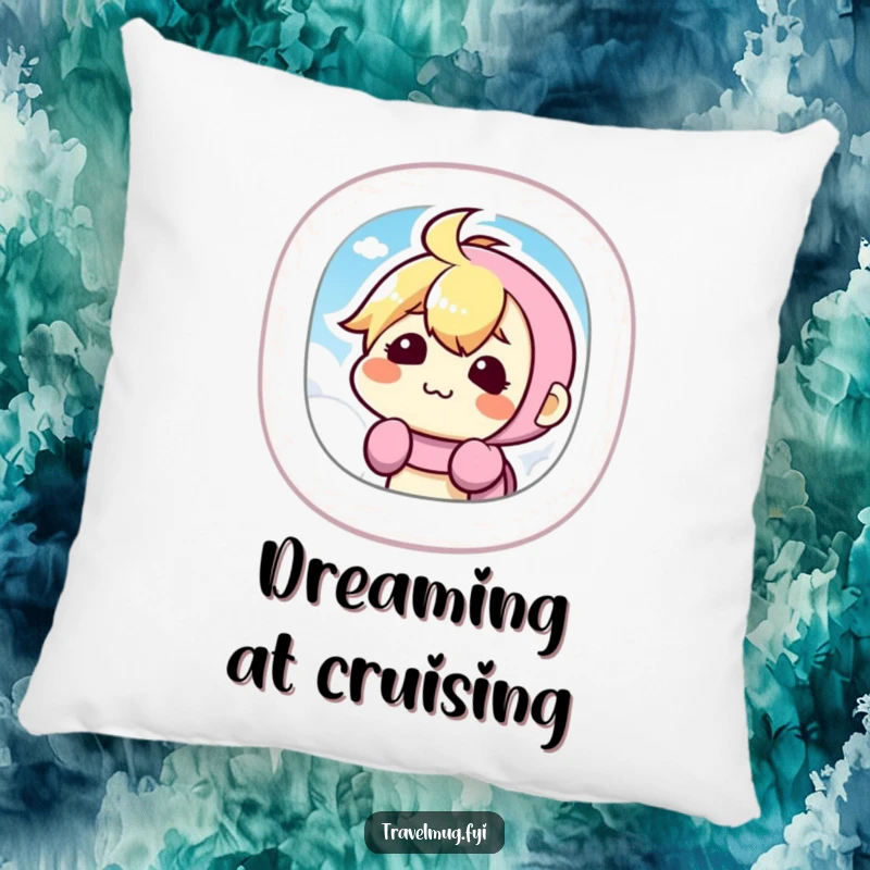 Funny Pillow with a kawaii character making a silly face from an airplane window, bringing comfort and travel-themed humor.