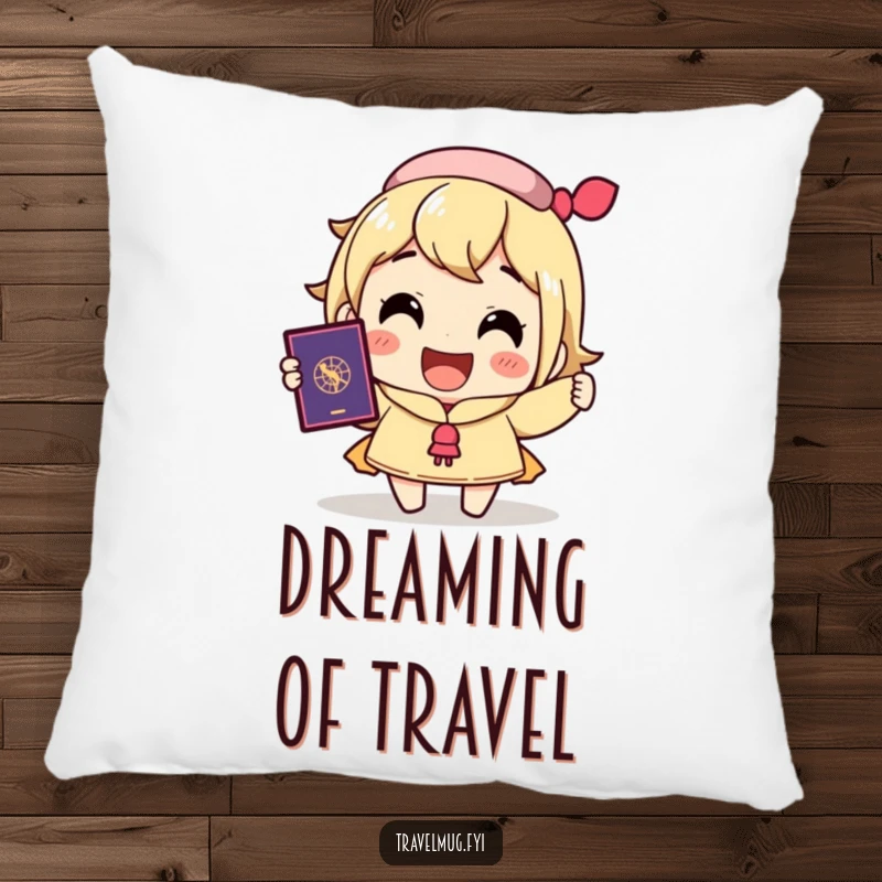 Funny pillow featuring a character's joyful smile and passport, symbolizing travel dreams and comfort, perfect for wanderers.