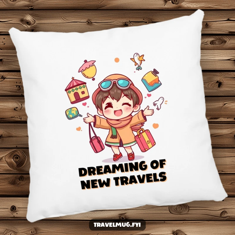 Funny decorative pillow showing a character cheerfully juggling colorful travel souvenirs, adding humor and comfort to spaces.