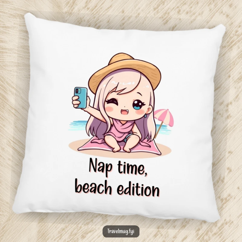 Funny kawaii character enjoying a beach selfie moment, depicted on a plush pillow, offering comfort and a dose of vacation humor, ideal for lounging.