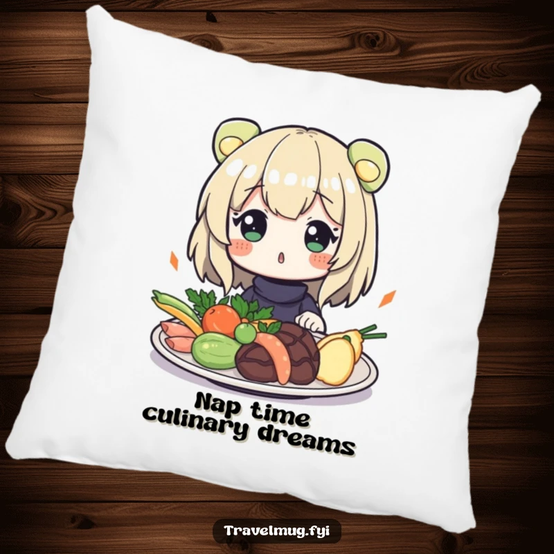 Funny Pillow: A character looking surprised at a plate of exotic food, offering comfort and a humorous nod to culinary exploration.