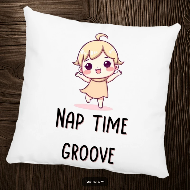 Funny decorative pillow with a cute character doing a happy dance, designed to add comfort, charm, and humor.