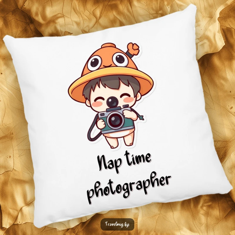 Funny pillow featuring a character wearing a funny hat and holding a camera, offering comfort and a humorous photography theme.