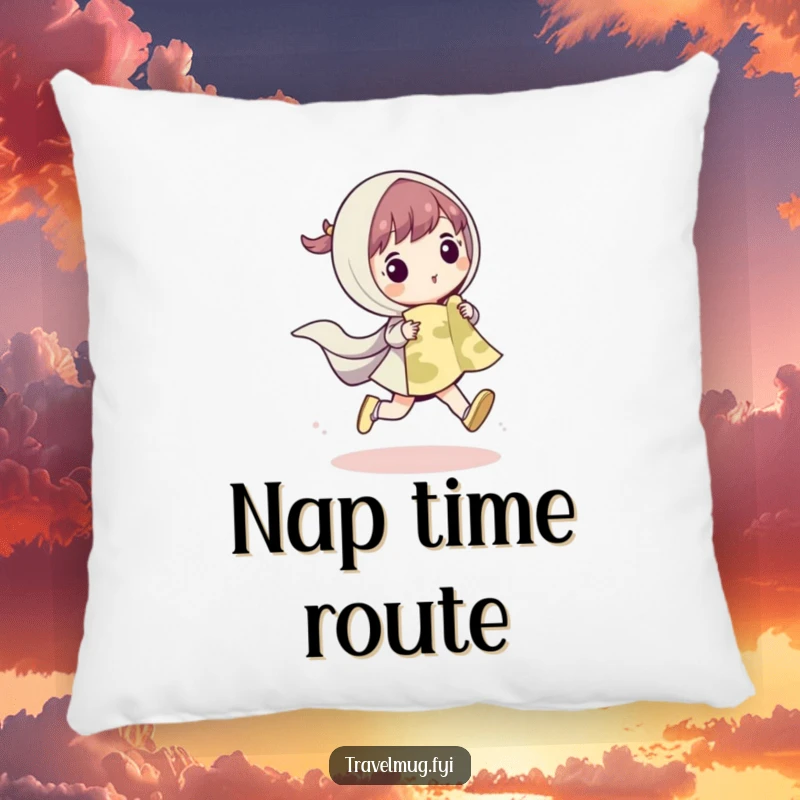 Funny pillow featuring a cute character skipping with a map, adding a touch of playful adventure and comfort to any room.