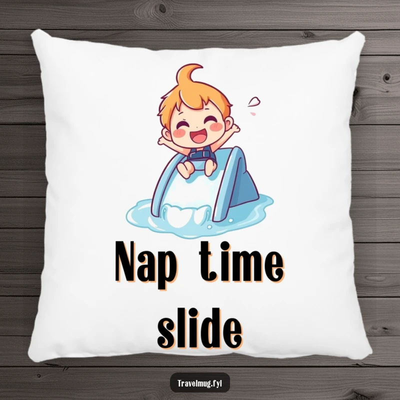 Funny Pillow: A joyful character zips down a small waterslide, bringing summer vibes.