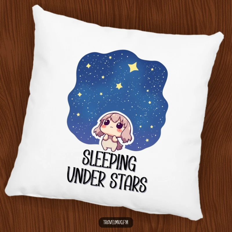 Funny pillow featuring a character gazing at a starry night sky, offering comfort and a humorous cosmic touch.