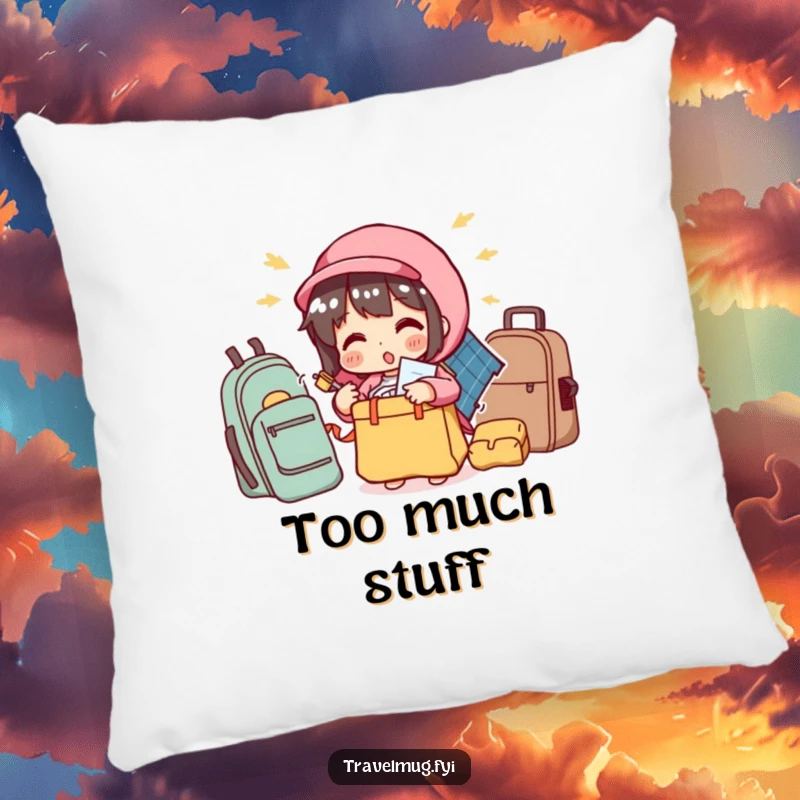 Funny pillow with a character comically overstuffing a small bag, offering soft, humorous decor for travelers.